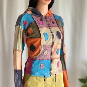 Festival Patchwork Pixie Hoodie Zip Up Cotton Jacket Multicolor Nepal Womens L
